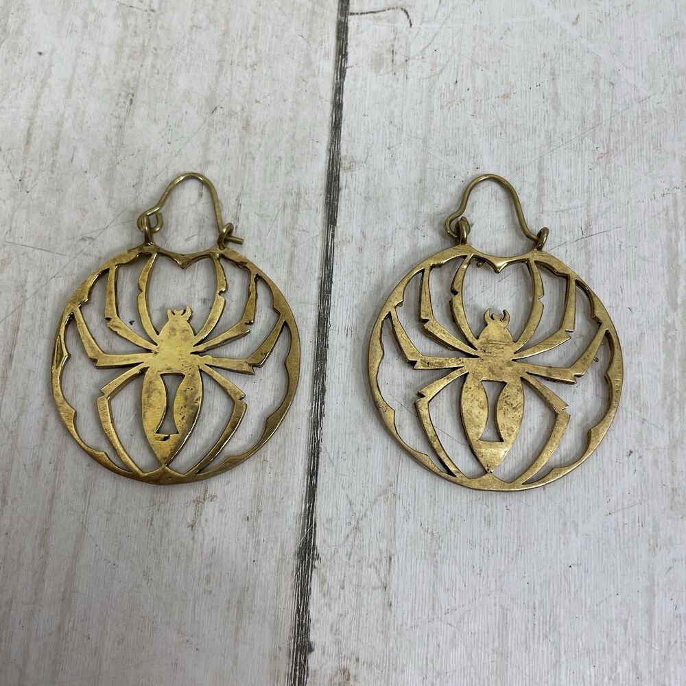 Brass Toned Black Widow Spider Hoop Earrings Halloween